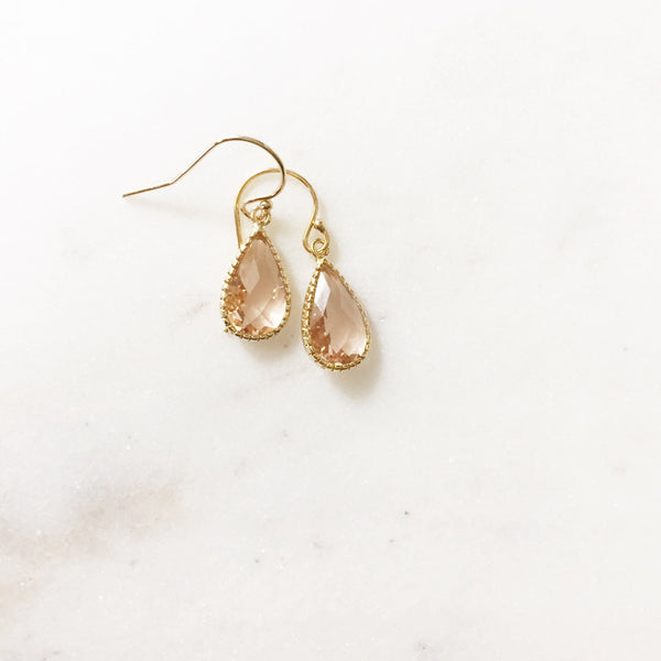 MISCHA | Gold + Blush Faceted Glass Teardrop Earrings | Blush Drop Earrings | Blush Bridesmaid Earrings | Gold + Blush Earrings