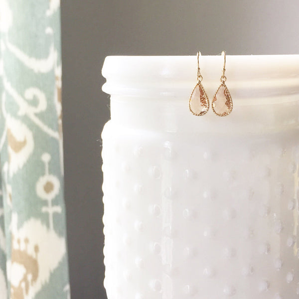 MISCHA | Gold + Blush Faceted Glass Teardrop Earrings | Blush Drop Earrings | Blush Bridesmaid Earrings | Gold + Blush Earrings