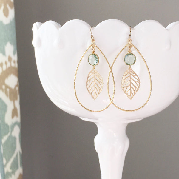 DELPHINE | Gold Leaf Earrings | Gold Leaf Teardrop Earrings | Gold + Sea Green Leaf Earrings | Bridesmaid Earrings | Gold Leaves Earrings
