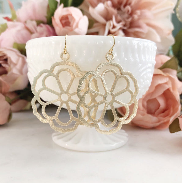 Flower Statement Earrings, Flower Earrings, Boho Earrings, Floral Earrings, Gold Statement Earrings, Big Flower Earrings Gold Earrings POSEY