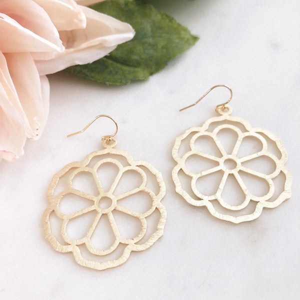 Flower Statement Earrings, Flower Earrings, Boho Earrings, Floral Earrings, Gold Statement Earrings, Big Flower Earrings Gold Earrings POSEY