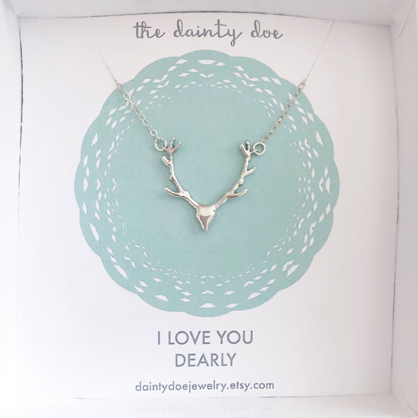 I LOVE YOU NECKLACE, Mothers Day Gift, Mom Gift, Antler Necklace, Deer Antlers, Antler Jewelry, Sterling Silver Necklace, Dainty Necklace