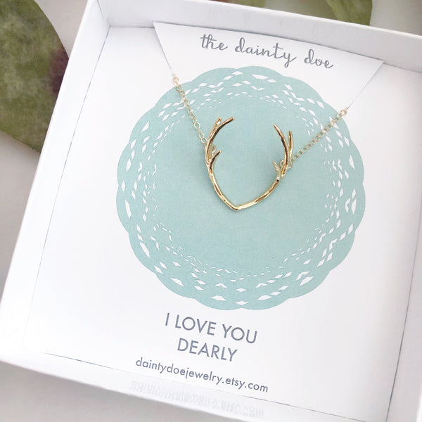 I LOVE YOU NECKLACE, Antler Necklace, Mothers Day Gift, Mom Gift, Deer Antlers, Antler Jewelry, Gold Antler Necklace, Gift For Her