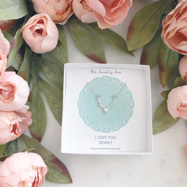 I LOVE YOU NECKLACE, Mothers Day Gift, Mom Gift, Antler Necklace, Deer Antlers, Antler Jewelry, Sterling Silver Necklace, Dainty Necklace