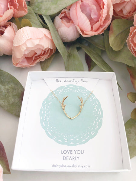 I LOVE YOU NECKLACE, Antler Necklace, Mothers Day Gift, Mom Gift, Deer Antlers, Antler Jewelry, Gold Antler Necklace, Gift For Her
