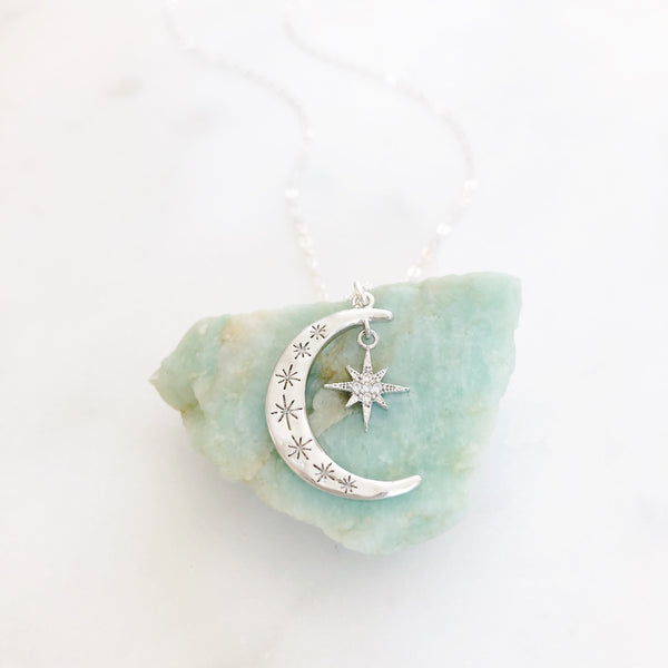 Crescent Moon Necklace, Moon Necklace Silver, Moon and Star Necklace, Best Friend Christmas Gift, AURORA