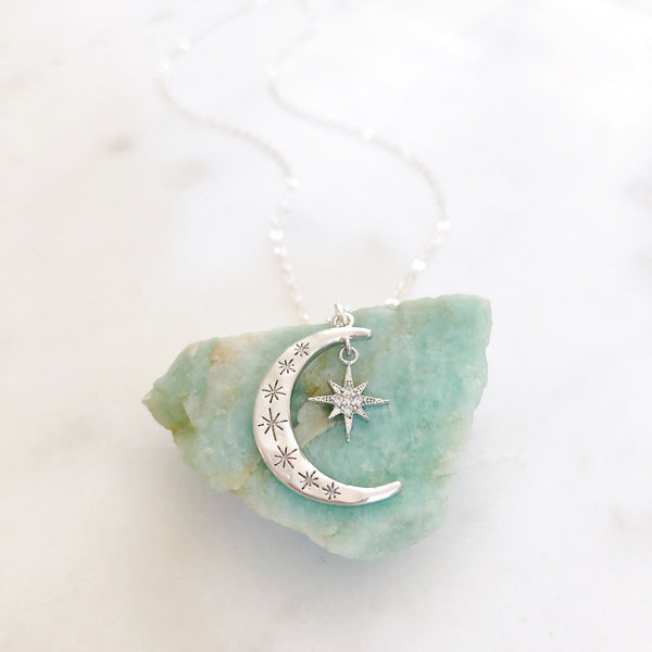 Crescent Moon Necklace, Moon Necklace Silver, Moon and Star Necklace, Best Friend Christmas Gift, AURORA