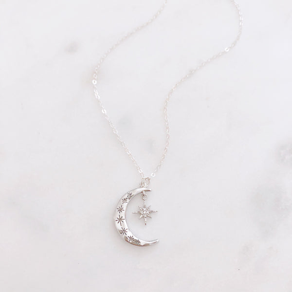 Crescent Moon Necklace, Moon Necklace Silver, Moon and Star Necklace, Best Friend Christmas Gift, AURORA
