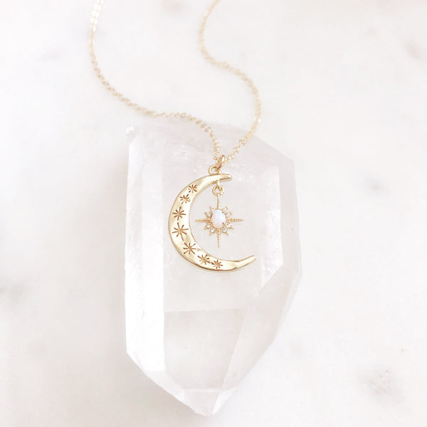 Moon and Star Necklace, Opal Necklace, Crescent Moon Necklace, Star Necklace, Dainty Gold Necklace, Moon Necklace, Aurora
