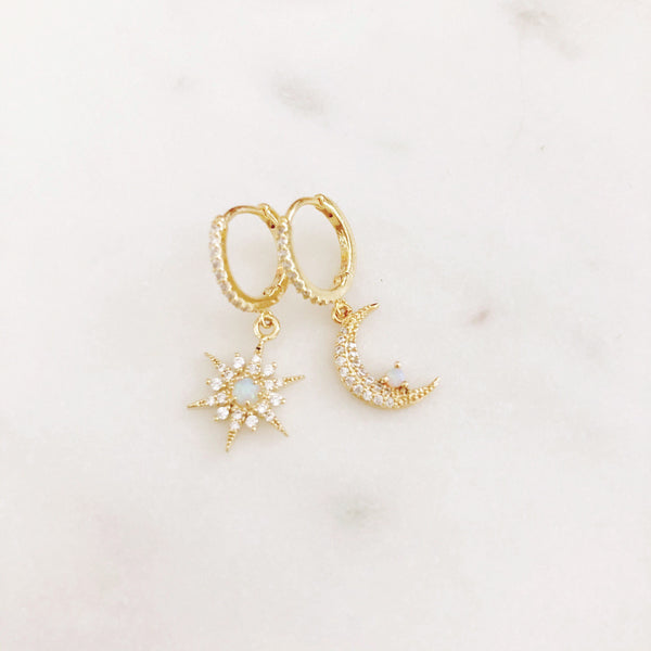 Huggie Earrings, Hoop Earrings With Charm, Opal Earrings, Moon Earrings, Star Earrings, Huggie Hoop Earrings, ARLO