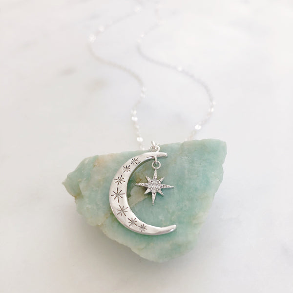 Crescent Moon Necklace, Moon Necklace Silver, Moon and Star Necklace, Best Friend Birthday Gifts, AURORA