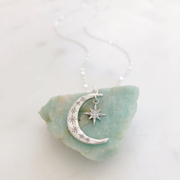 Crescent Moon Necklace, Moon Necklace Silver, Moon and Star Necklace, Best Friend Christmas Gift, AURORA