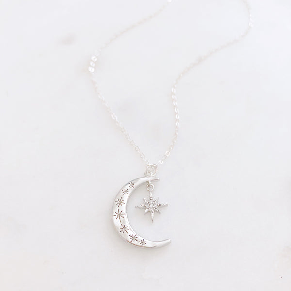 Crescent Moon Necklace, Moon Necklace Silver, Moon and Star Necklace, Best Friend Birthday Gifts, AURORA