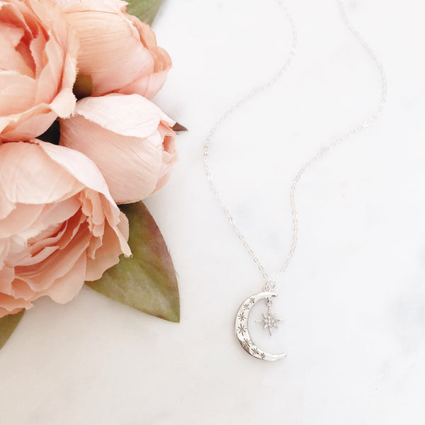 Crescent Moon Necklace, Moon Necklace Silver, Moon and Star Necklace, Best Friend Birthday Gifts, AURORA