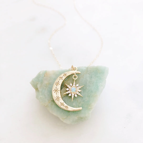 Moon Necklace, Crescent Moon Necklace, Opal Necklace, Star Necklace, Star Moon Necklace, Best Friend Gifts, Birthday Gifts for Her, Aurora