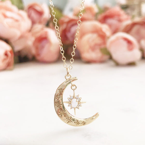 Moon and Star Necklace, Opal Necklace, Crescent Moon Necklace, Star Necklace, Dainty Gold Necklace, Moon Necklace, Aurora