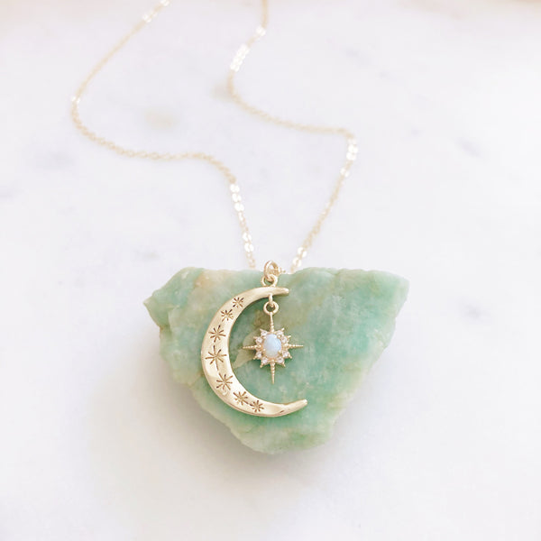 Moon Necklace, Crescent Moon Necklace, Opal Moon Necklace, Opal Necklace, Star Necklace, Dainty Gold Necklace, Star Moon Necklace, Aurora