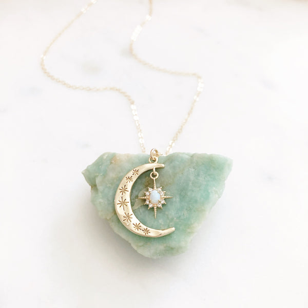 Moon Necklace, Crescent Moon Necklace, Opal Moon Necklace, Opal Necklace, Star Necklace, Dainty Gold Necklace, Star Moon Necklace, Aurora