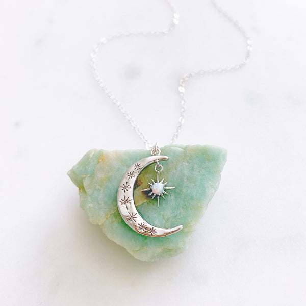 Moon Necklace, Crescent Moon Necklace, Silver Moon Necklace, Star Moon Necklace, Opal Necklace, Dainty Silver Necklace, AURORA