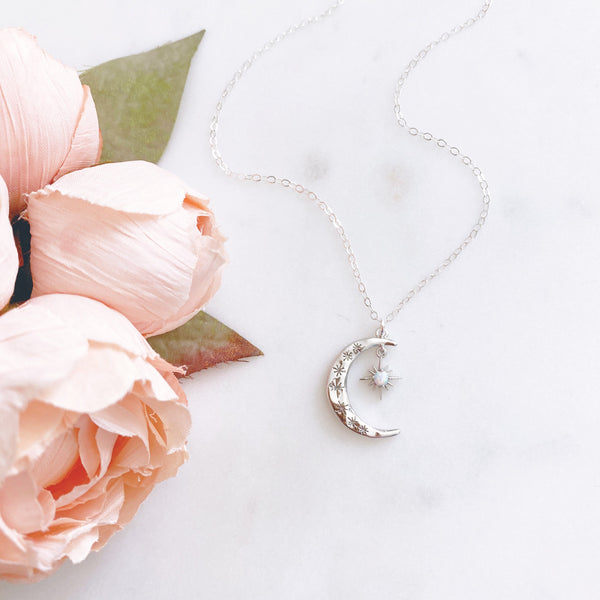 Moon Necklace, Crescent Moon Necklace, Silver Moon Necklace, Star Moon Necklace, Opal Necklace, Dainty Silver Necklace, AURORA