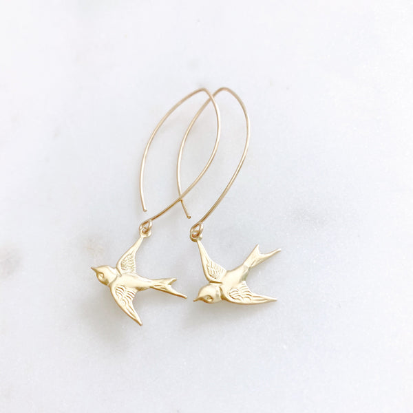 Swallow Earrings, Bird Earrings, Gold Dangle Earrings, Anniversary Gift for Wife, AVA