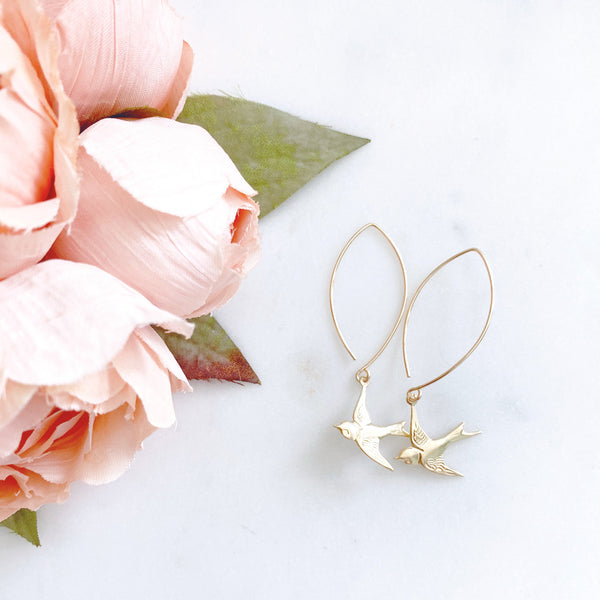Swallow Earrings, Bird Earrings, Gold Dangle Earrings, Anniversary Gift for Wife, AVA