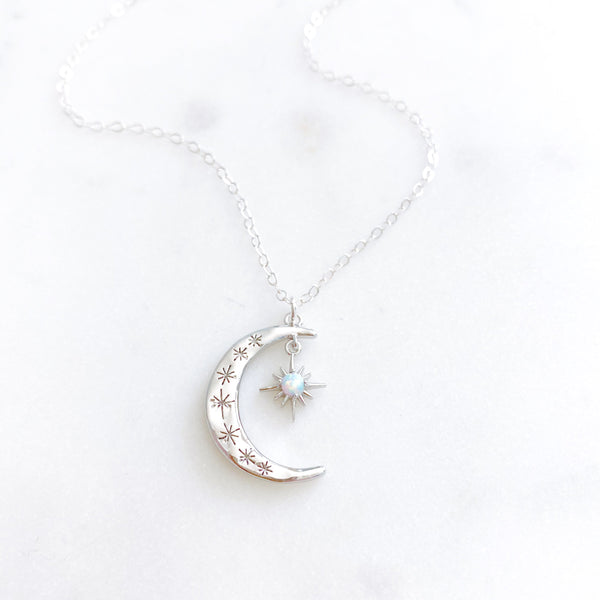 Moon Necklace, Crescent Moon Necklace, Silver Moon Necklace, Star Moon Necklace, Opal Necklace, Dainty Silver Necklace, AURORA