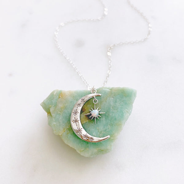 Moon Necklace, Crescent Moon Necklace, Silver Moon Necklace, Star Moon Necklace, Opal Necklace, Dainty Silver Necklace, AURORA