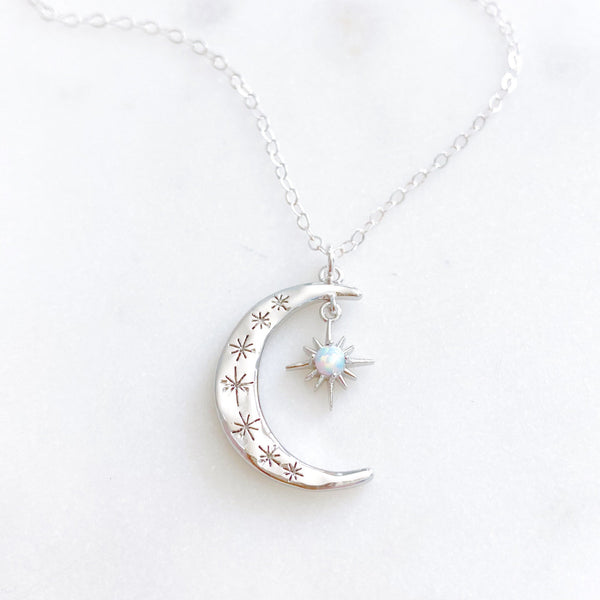 Moon Necklace, Crescent Moon Necklace, Silver Moon Necklace, Star Moon Necklace, Opal Necklace, Dainty Silver Necklace, AURORA