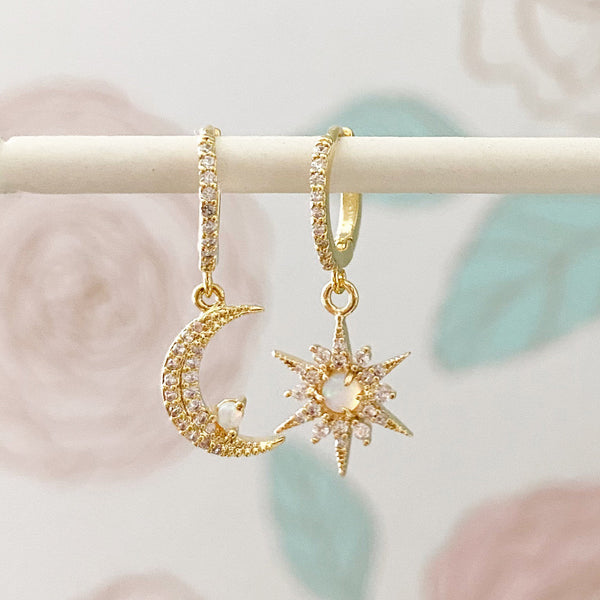 Huggie Earrings, Hoop Earrings With Charm, Opal Earrings, Moon Earrings, Star Earrings, Huggie Hoop Earrings, ARLO