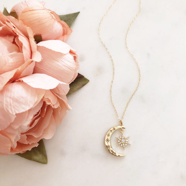 Moon Necklace, Crescent Moon Necklace, Opal Moon Necklace, Opal Necklace, Star Necklace, Dainty Gold Necklace, Star Moon Necklace, Aurora