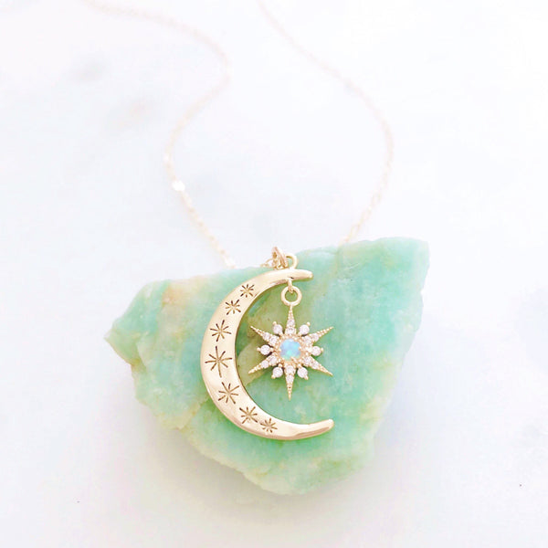 Moon Necklace, Crescent Moon Necklace, Opal Moon Necklace, Opal Necklace, Star Necklace, Dainty Gold Necklace, Star Moon Necklace, Aurora