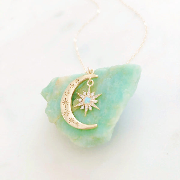 Moon Necklace, Crescent Moon Necklace, Opal Moon Necklace, Opal Necklace, Star Necklace, Dainty Gold Necklace, Star Moon Necklace, Aurora