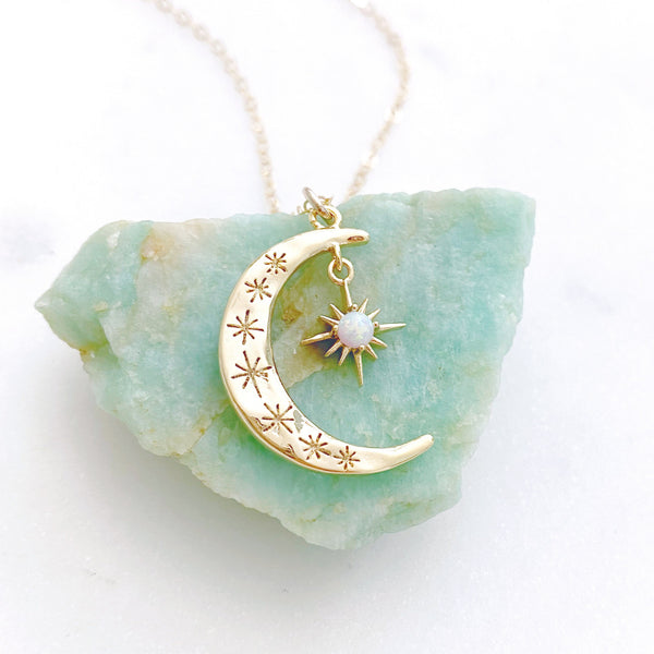 Moon Necklace, Crescent Moon Necklace, Dainty Opal Necklace, Stocking Stuffers for Women, AURORA