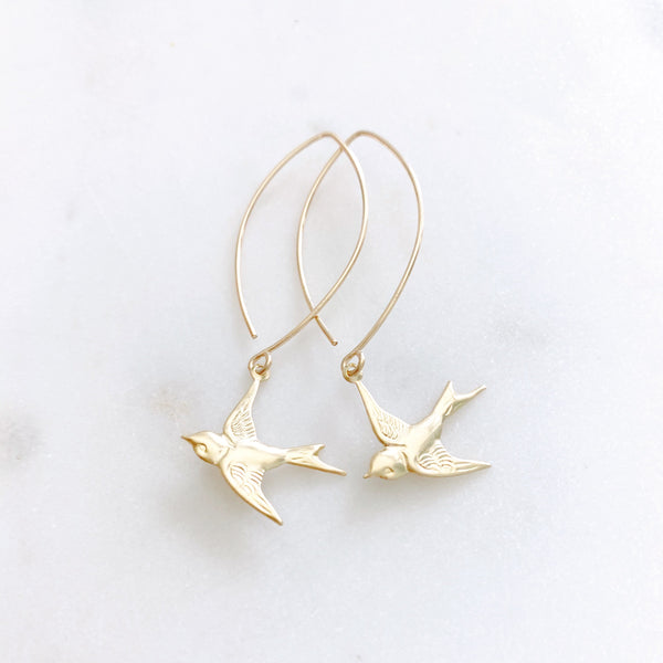Swallow Earrings, Bird Earrings, Gold Dangle Earrings, Anniversary Gift for Wife, AVA