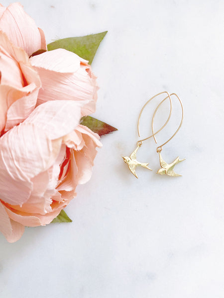Swallow Earrings, Bird Earrings, Gold Dangle Earrings, Anniversary Gift for Wife, AVA