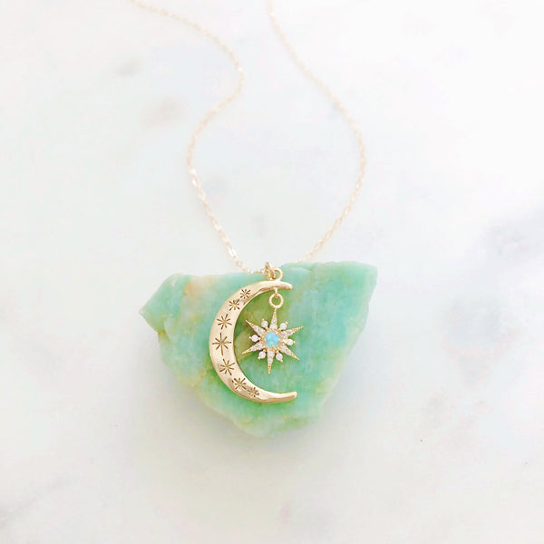 Moon Necklace, Crescent Moon Necklace, Opal Moon Necklace, Opal Necklace, Star Necklace, Dainty Gold Necklace, Star Moon Necklace, Aurora