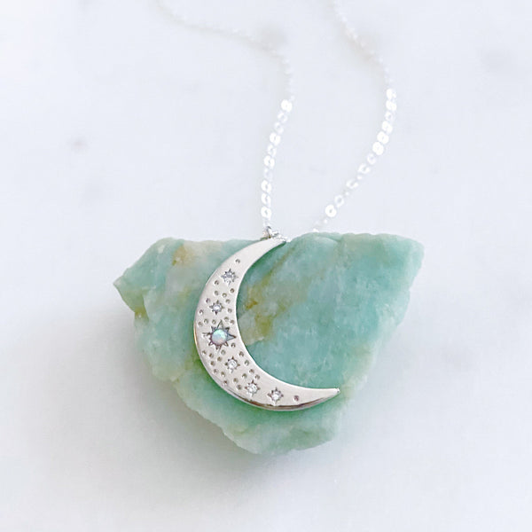 Moon Necklace, Opal Necklace, Sterling Silver Necklace, Mothers Day Gift from Daughter, Mom Gift, Estelle