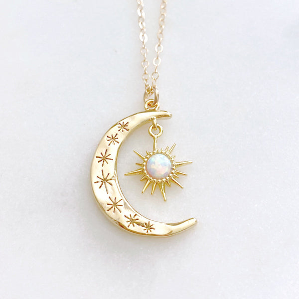 Moon Necklace, Opal Necklace, Crescent Moon Necklace, Sun and Moon Necklace, Dainty Gold Necklace, Aurora
