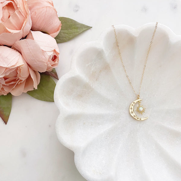 Moon Necklace, Opal Necklace, Crescent Moon Necklace, Sun and Moon Necklace, Dainty Gold Necklace, Aurora