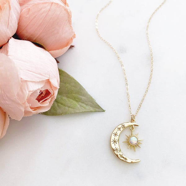 Moon Necklace, Opal Necklace, Crescent Moon Necklace, Sun and Moon Necklace, Dainty Gold Necklace, Aurora