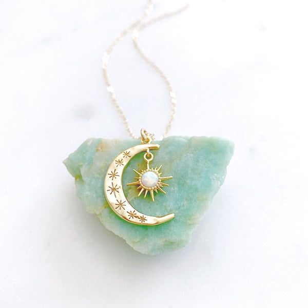 Moon Necklace, Opal Necklace, Crescent Moon Necklace, Sun and Moon Necklace, Dainty Gold Necklace, Aurora