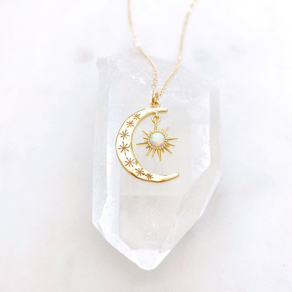 Moon Necklace, Opal Necklace, Crescent Moon Necklace, Sun and Moon Necklace, Dainty Gold Necklace, Aurora
