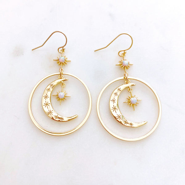 Star and Moon Earrings, Opal Earrings, Celestial Earrings, Eclipse