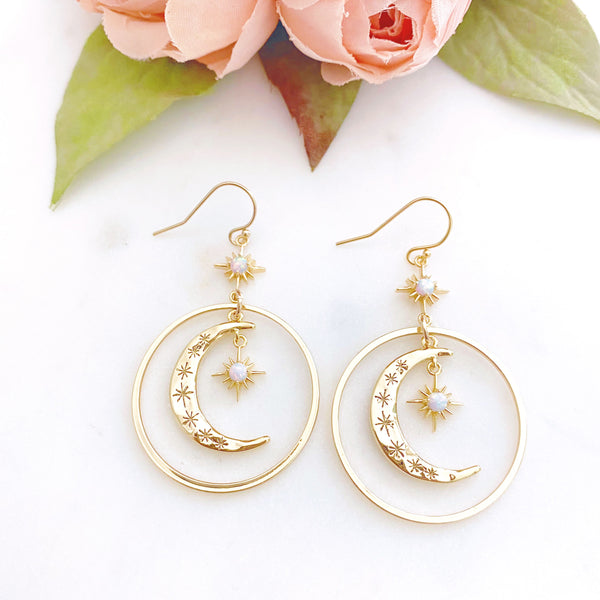 Star and Moon Earrings, Opal Earrings, Celestial Earrings, Eclipse