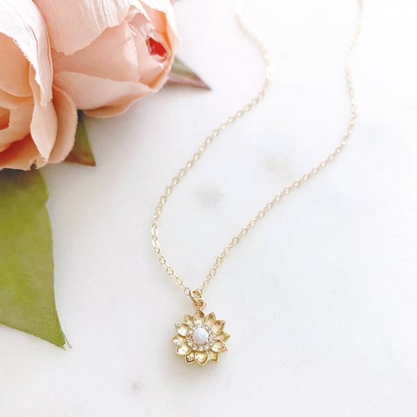 Sunflower Necklace, Opal Necklace, Flower Girl Necklace, SUMMER