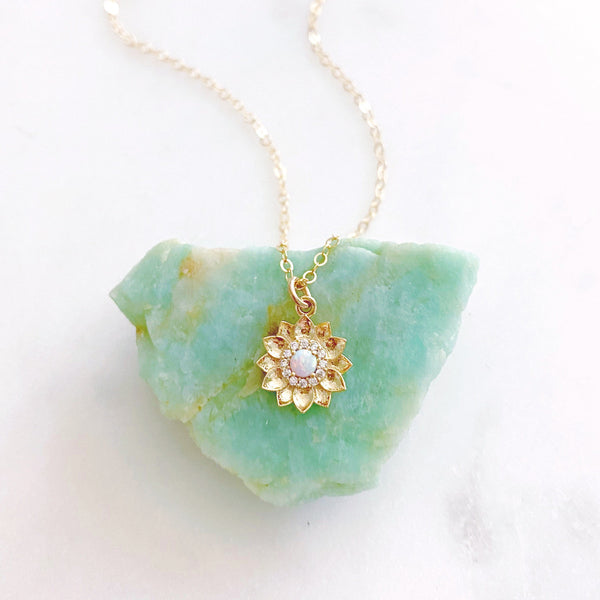 Sunflower Necklace, Opal Necklace, Flower Girl Necklace, SUMMER
