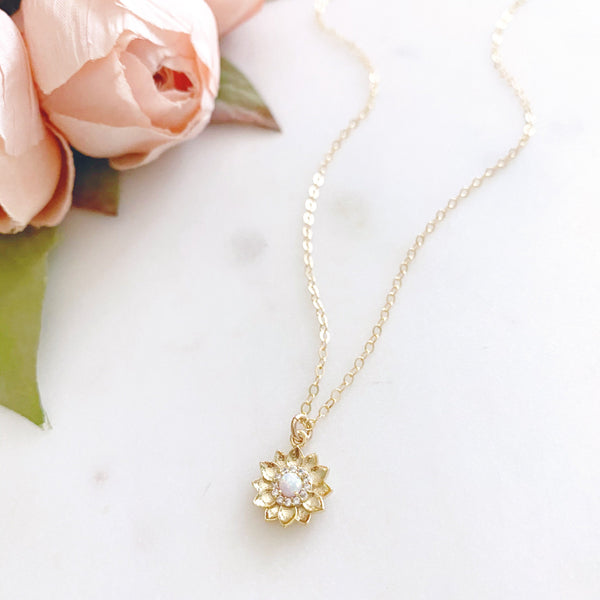 Sunflower Necklace, Opal Necklace, Flower Girl Necklace, SUMMER
