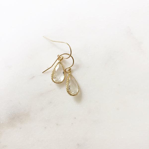 MISCHA | Gold + Clear Crystal Faceted Glass Teardrop Earrings | Crystal Drop Earrings | Crystal Bridesmaid Earrings| Gold Crystal Earrings