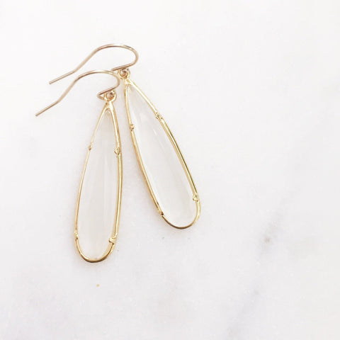 MACIE | Stone Teardrop Earrings | White Glass Teardrop Earrings | Milky White + Gold Teardrop Earrings | White + Gold Bridesmaid Earrings